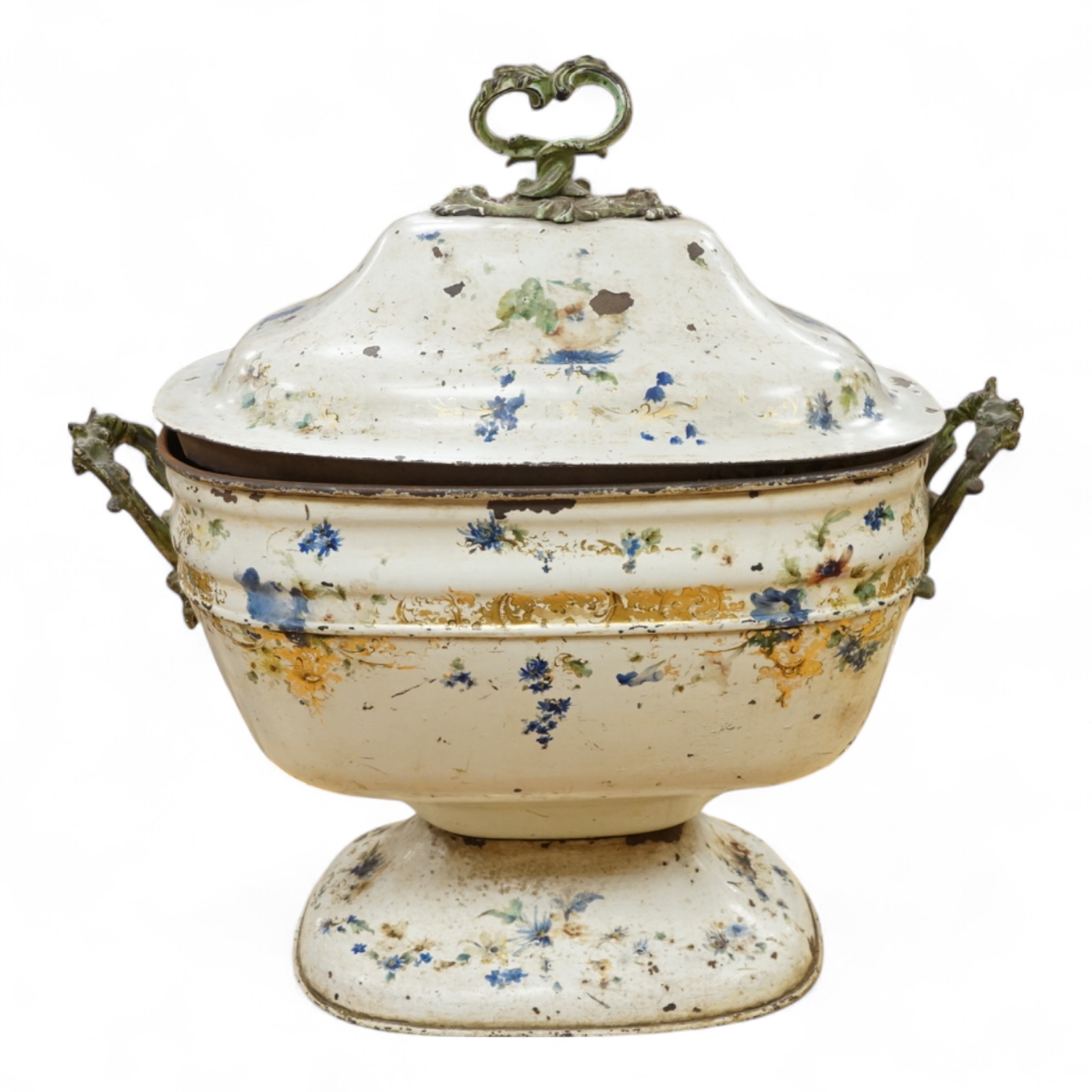 A 19th century painted toleware log box and cover hand painted with flowers, 58cm wide